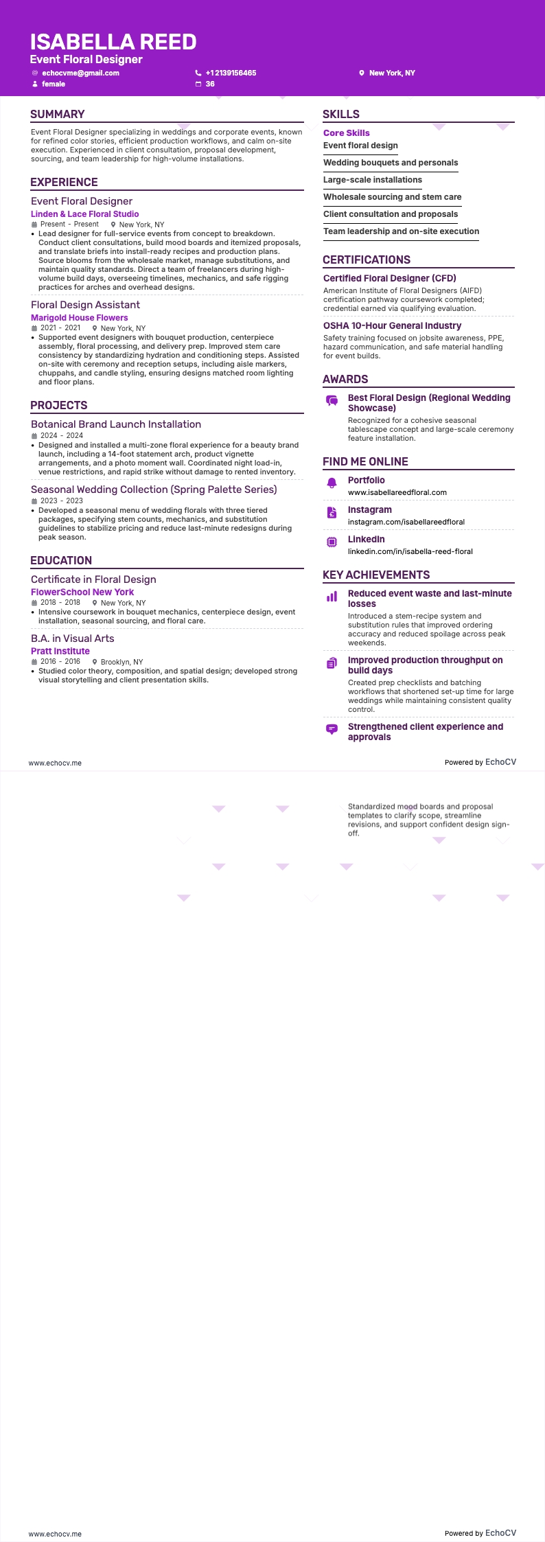 Florist für Veranstaltungen example resume