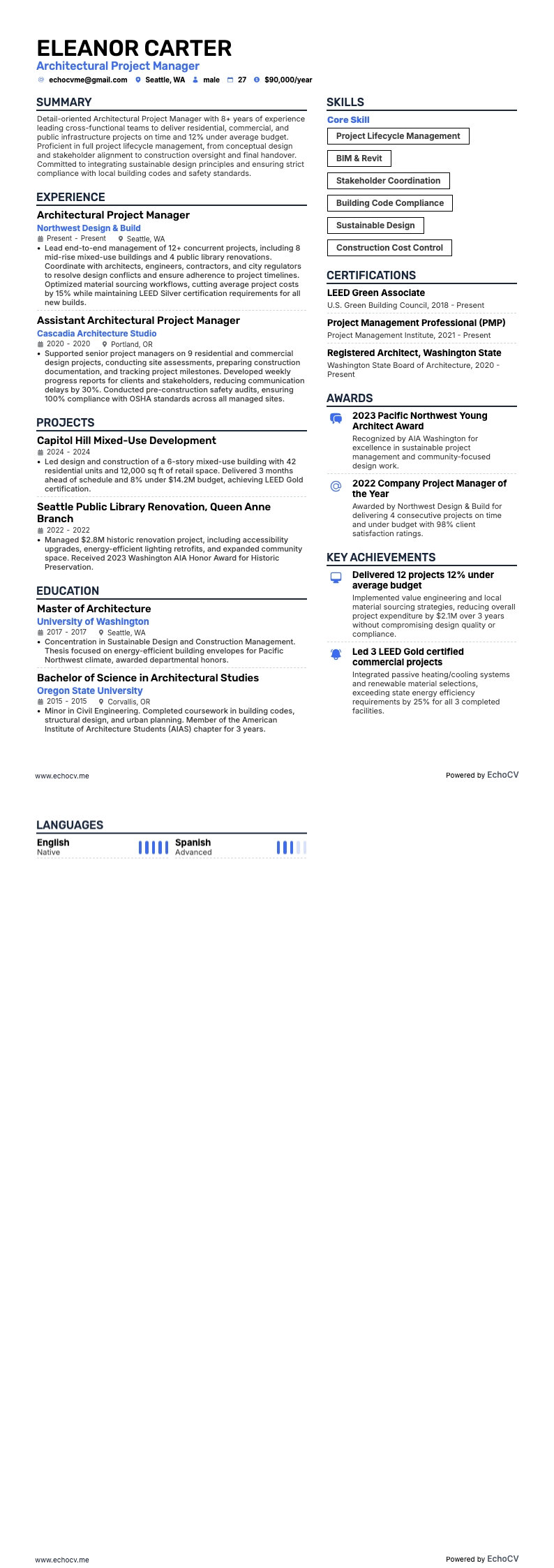 Architectural Project Manager example resume