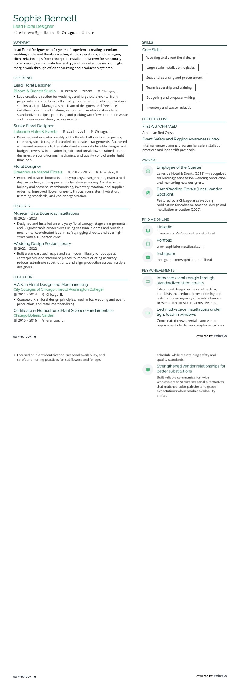 花藝設計師 resume example