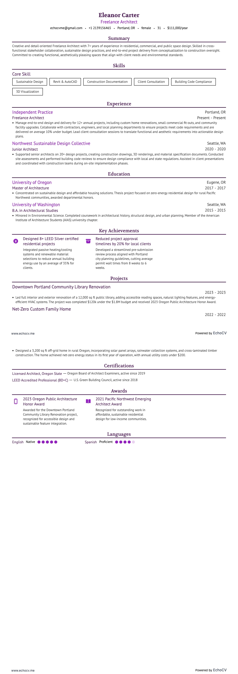 Freelance Architect example resume