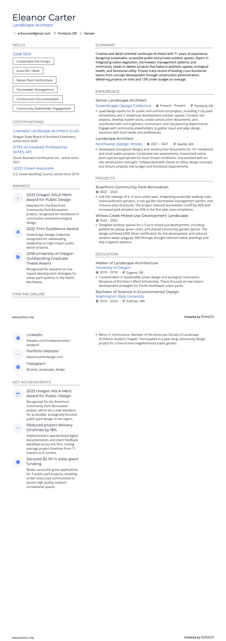 Landscape Architect example resume